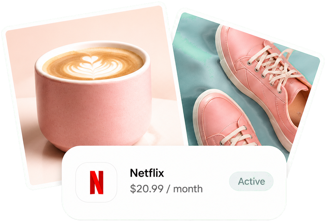 Coffee, shoes, and a subscription card showing a monthly active subscription