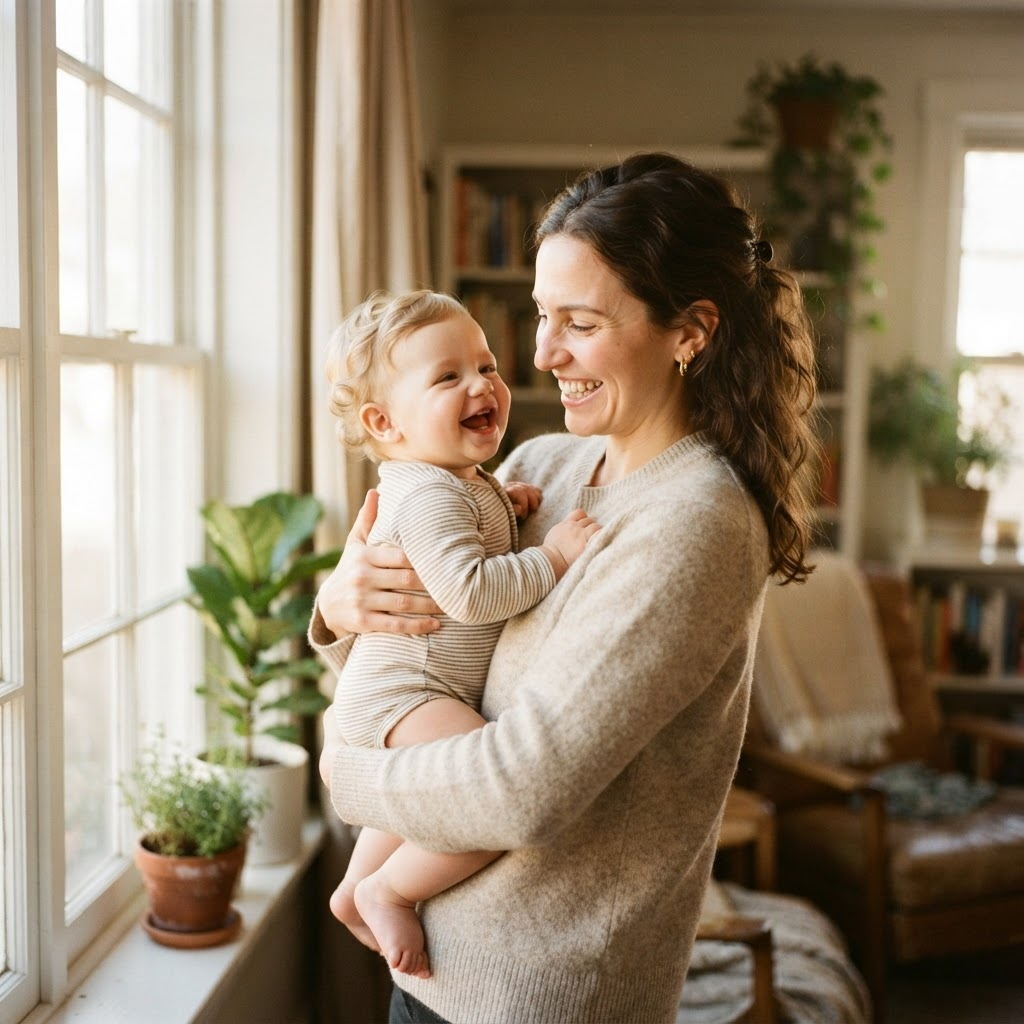 Mother holding her smiling baby
