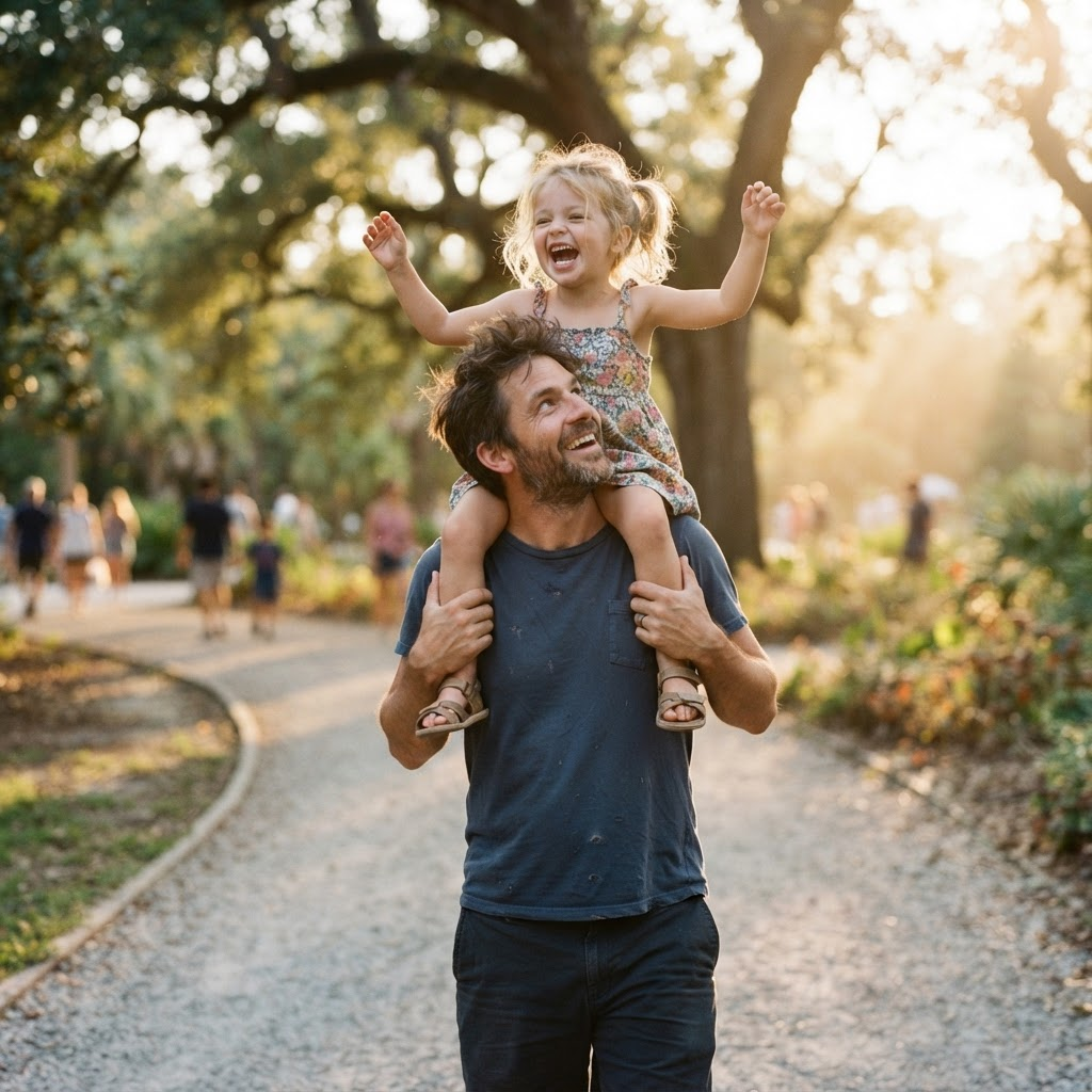 Dad carrying his daughter on his shoulders