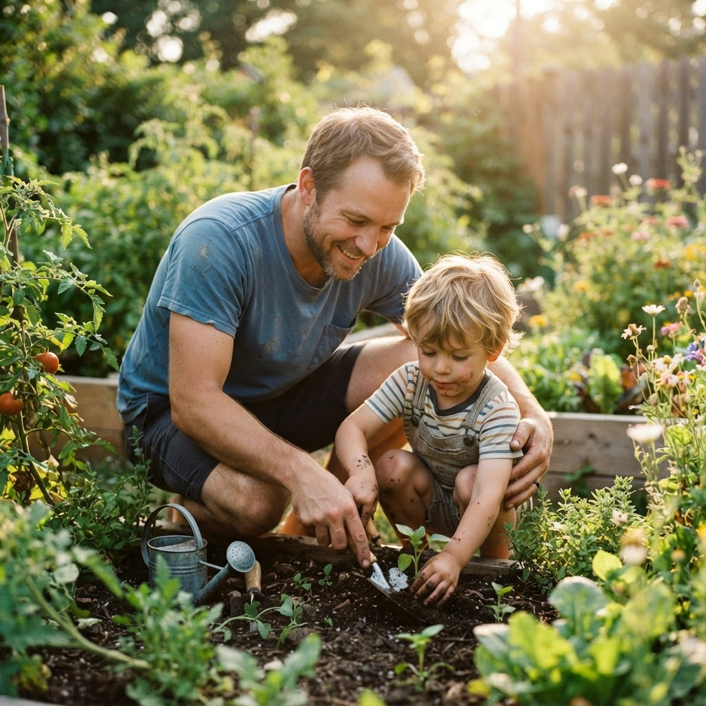 Father and son gardening together