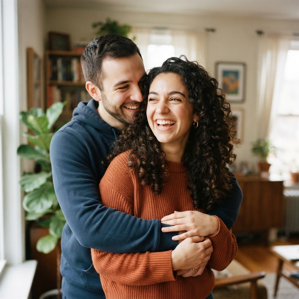 Smiling woman being hugged